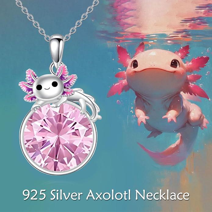 Birthstone Axolotl Necklace Sterling Silver Axolotl Pendant Cubic Zirconia Jewelry Birthday Gifts for Women Men