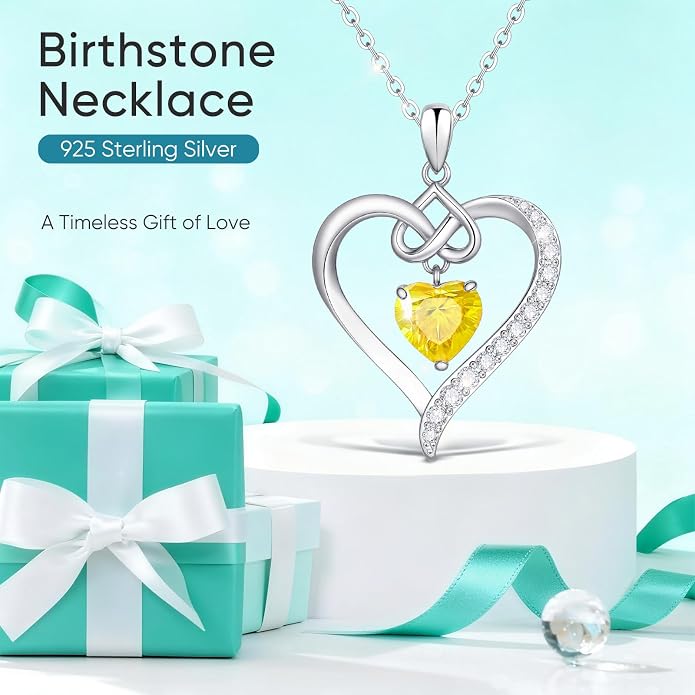 925 Sterling Silver Birthstone Heart Necklace for Women - Infinity Love Pendant with Cubic Zirconia, 12 Colors, Valentine's Day Gift for Her, 12 Months, Birthday Anniversary Christmas Jewelry Gifts