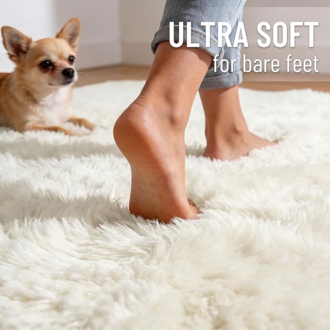 OLANLY 8x9 Machine Washable Large Area Rugs for Living Room, Bedroom, Soft Fluffy Shaggy Bedside Rug, Indoor Floor Carpet for Kids Girls and Boys, Dorms, Nursery, Home Decor Aesthetic, Ivory