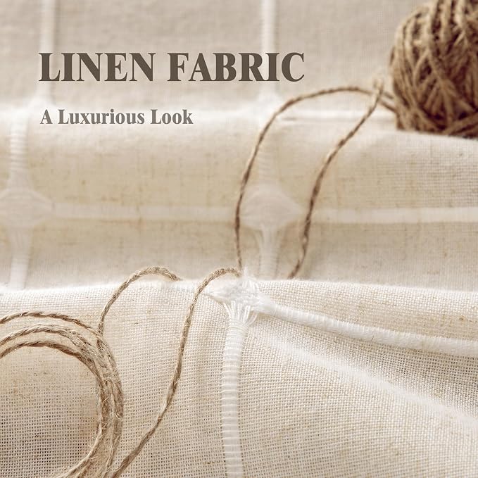 Boho Blackout White Plaid Curtains 90 Inch Beige Linen Blend Drapes with Tassels 2 Panels, Cotton Embroidered Farmhouse Curtains for Living Room Bedroom Rustic Vintage Decor