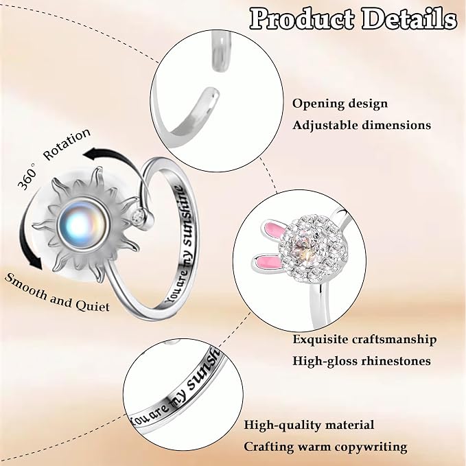 6 Pcs Fidget Anxiety Rings for Women Men Adjustable Spinner Rings for Anxiety Relieving Stress Open Silver Cubic Zirconia Moon Star Sun Bead Rotatable Rings Calm Anti Anxiety Fidget Jewelry