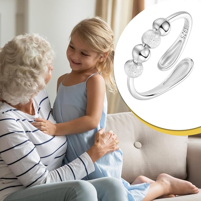HEEYA Anxiety Rings for Women,Sterling Silver Rings to my Daughter,Adjustable Stress Spinner Ring with Beads,Anxiety Fidget Ring for Women,Thumb Jewelry for Birthday,Christmas with Gift Card