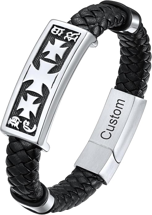 ChainsHouse Mens Wrap Braided Leather Black Bead Bracelets Bangles, Vintage Star of David/Wing Skull/Templar Cross Genuine Leather Bracelet, Customize Available, Size 7.5/8.3/9.0 Inch, Send Gift Box