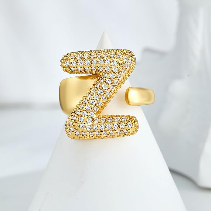 Cicy Bell Initial Rings for Women 14k Gold Plated Cubic Zirconia Delicate Letter Chunky Statement Open Rings Gifts for Her