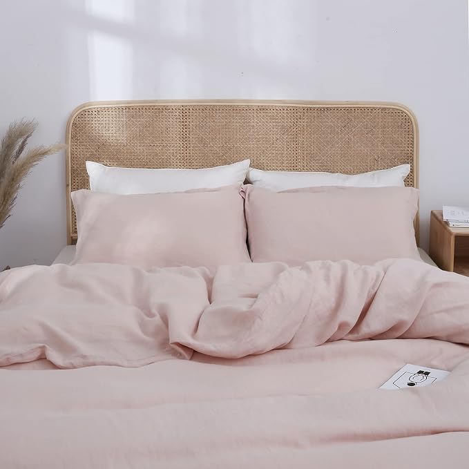 Simple&Opulence 100% Linen Duvet Cover Set 2pcs Basic Style Natural French Washed Flax Solid Color Soft Breathable Farmhouse Bedding with Button Closure - Blush Pink, Twin
