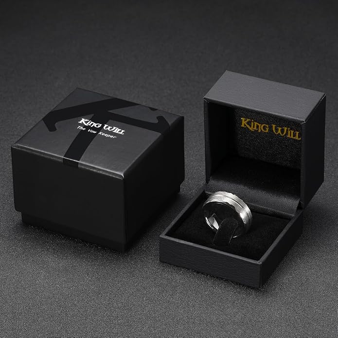 King Will Men's 8mm Tungsten Carbide Wedding Band, Hammered Faceted Diamond Cut Ring with Groove Inlay, Geometric Industrial Engagement Band for Men Women Comfort Fit Size 7-14