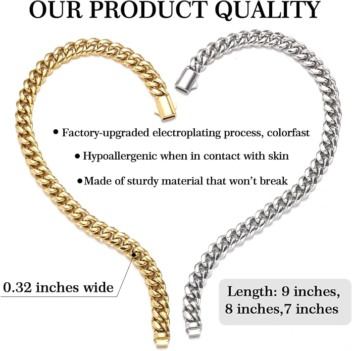 Saintda 8mm Miami Cuban Link Bracelet for Men - 18K Real Gold Plated 316L Stainless Steel Chain - Non-Tarnish Hypoallergenic Curb Link Bracelet Jewelry Gift for Him, 7/8/9 Inch