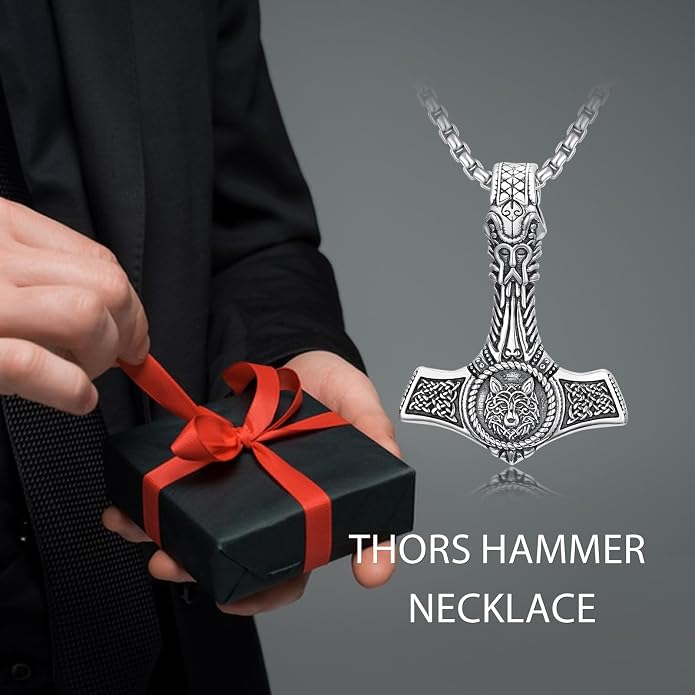 PROESS Thors Hammer Necklace Sterling Silver Celtic Knot Wolf/Lion/Raven Necklace Viking Mjolnir Pendant Jewelry for Men