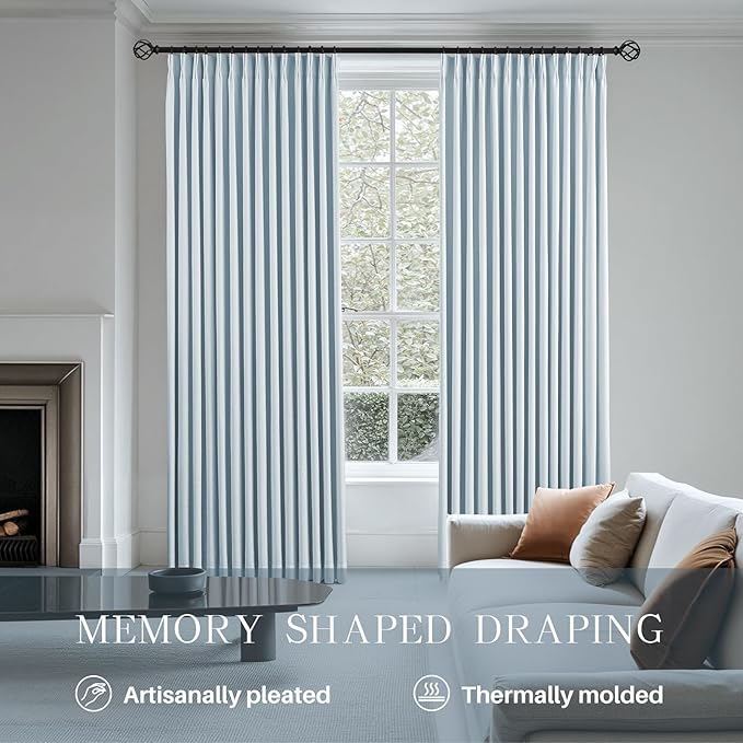 Pinch Pleated Curtains 100% Blackout Linen Curtains 102 Inches Long for Bedroom Living Room, Blue Memory Trained Thermal Insulated Room Darkening Window Drapes with Hooks 2 Panels 40"Wx102"L