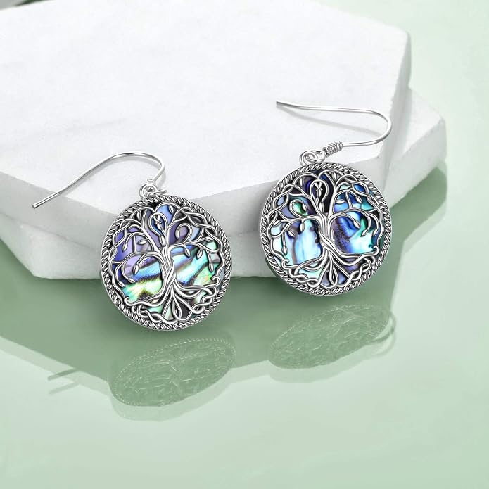 POPLYKE Celtic Tree of Life Earrings for Women Sterling Silver Family Tree Abalone Shell/Volcano Crystal Dangle Earrings Jewelry
