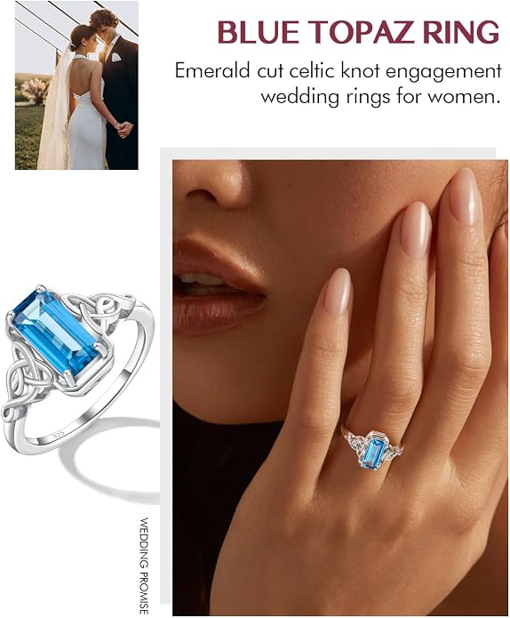 DAYBYDAY Celtic Birthstone Rings for Women, 925 Sterling Silver/18K Gold Plated Emerald Cut Celtic Knot Engagement Wedding Ring, Square Created Gemstone Promise Rings for Her Size 6-10