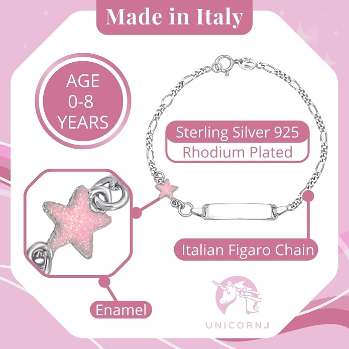 UNICORNJ 925 Italy Sterling Silver Child or Baby Name Bracelet Girls Boys, Personalized Engraved Kids ID Bracelets, 6.5" Figaro Chain, Enamel Charm Newborn Infant Toddler Kid Jewelry