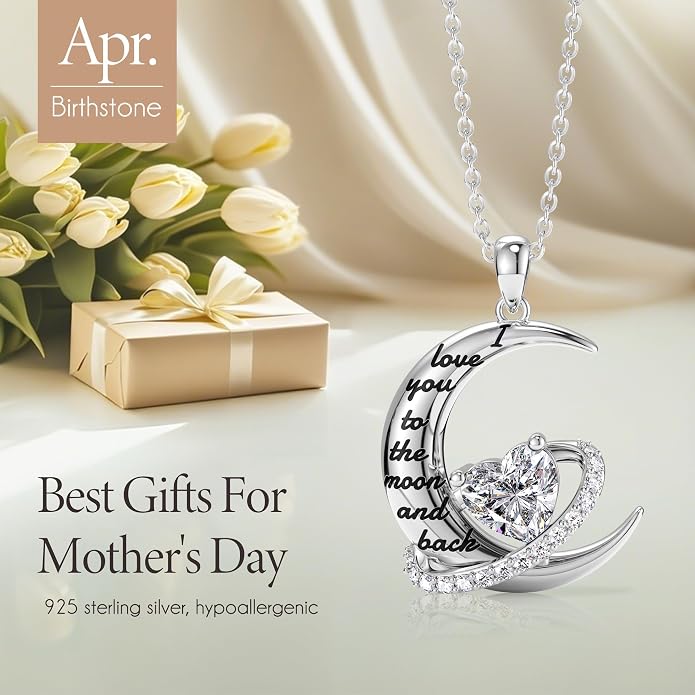 Distance I Love You to The Moon and Back Necklace for Women, S925 Sterling Silver Forever Love Heart Birthstone Necklace, Anniversary Birthday Jewelry for Wife Lover