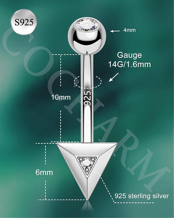 COCHARM 14K Gold Plated925 Sterling Silver Belly Button Ring Gold Filled Triangle Belly Navel Ring Cute 14g Unique Belly Piercing Jewelry For Women Men Mini Belly Bar Nickel Free