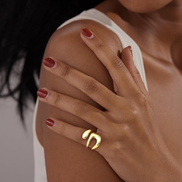 Gelbesty Waterproof Gold Statement Rings for Women, 14K Gold Plated Chunky Open Stackable Rings Non Tarnish Fashion Adjustable Stainless Steel Pinky Knuckle Signet Vintage Ring Jewelry Size 5-11