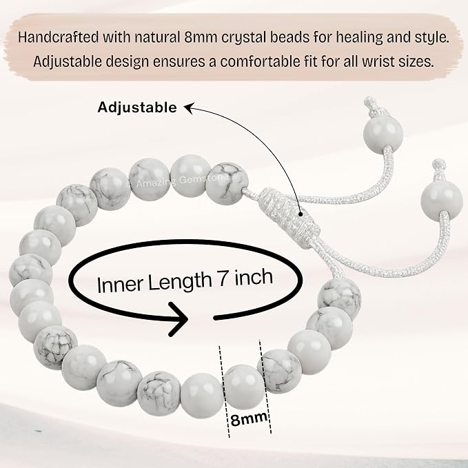 Amazing Gemstone Howlite Bracelet, Gifts for Men & Women - Protection Healing Crystal Bracelet - 8mm Gemstone Beaded Adjustable Bracelet, Pulseras para Hombres Mujer Stocking Stuffers