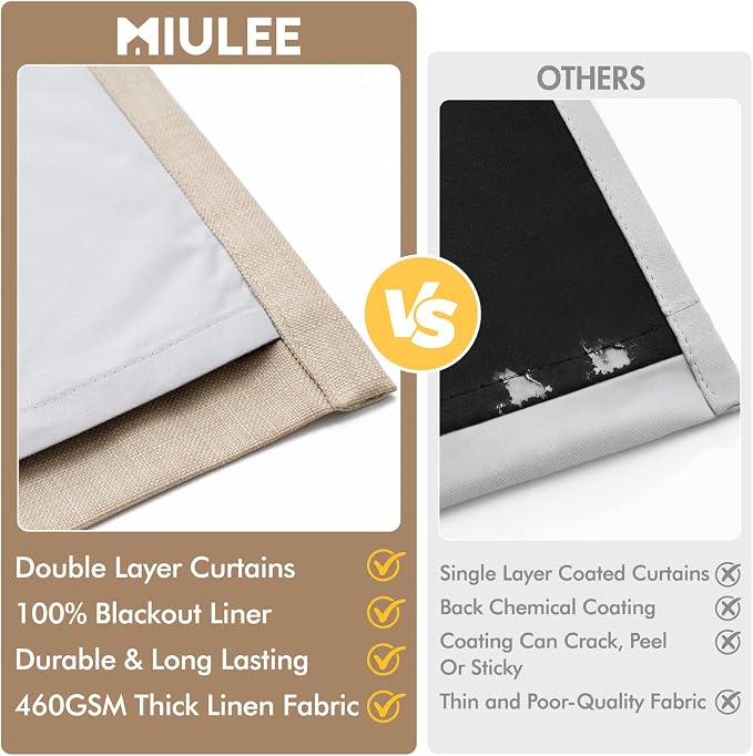 MIULEE Pinch Pleated 100% Blackout Curtains 40"x96" Natural 4 Panels Set | Thick Linen, Memory Trained Pleat, Back Tab Double Layer Drapes, Thermal Insulated, Curtain for Bedroom Living Room Darkening