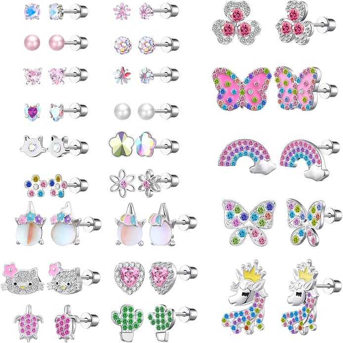 24 Pairs Stainless Steel Flat Back Earrings Set -Secure and Comfortable Screwback Earrings with Diverse Designs, Perfect for Multiple Piercings and Everyday Wear