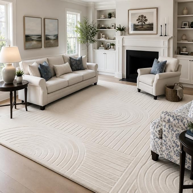 Beige 8x10 Solid Color Area Rug – Washable Living Room Rug, Ultra Soft High-Low Pile Textured Carpet, Modern Non-Slip Indoor Rugs for Bedroom, Nursery, Kids Room, Apartment, Home Office