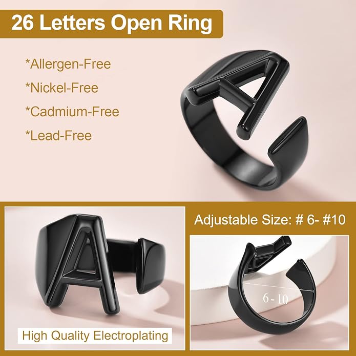 KeyStyle Bold Initial Letter Rings Adjustable, GoldChic Jewelry Women Gold Statement Ring Personalized Engraved Women’s Open Signet Ring for Party (Gold, White Gold, Black)