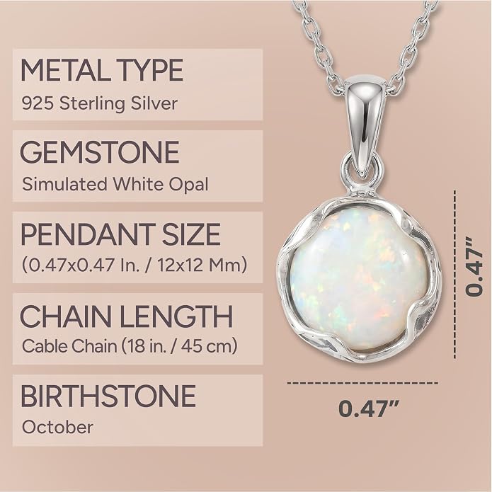 ADITA GOLD 925 Sterling Silver White Opal Necklace, Dainty 12mm Round Gemstone Pendant, October Birthstone Bridal Wedding Jewelry, Handmade Vintage Statement Jewel for Classy Brides and Women