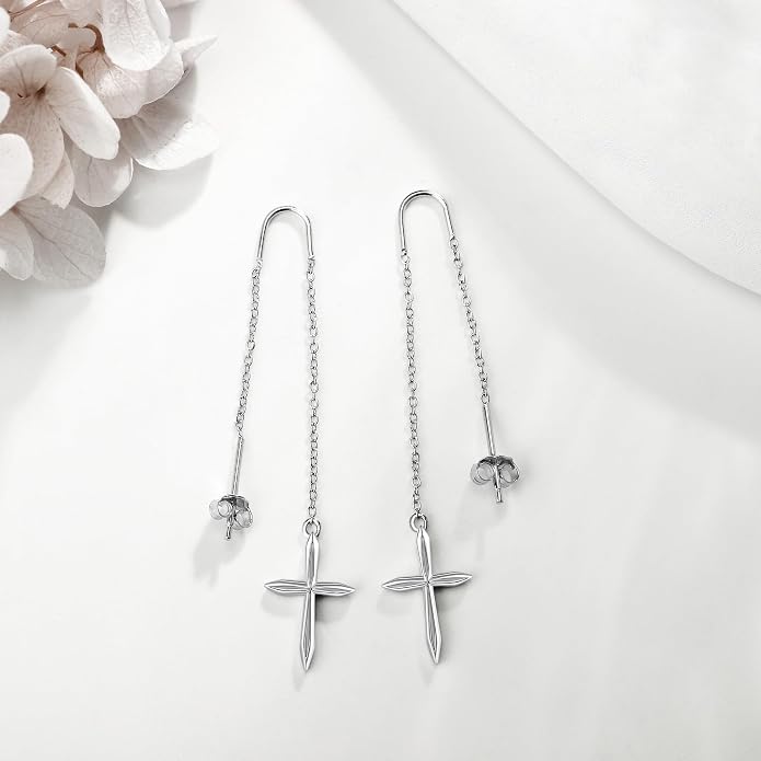 Cross/Heart Threader Earrings 925 Sterling Silver Long Earrings Chain Earrings Long Dangle Earrings for Women
