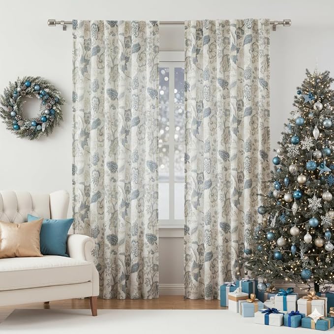 Kayne Studio Backtab Rod Pocket Jacobean Floral Semi Sheer Curtains Boho Botanical Leaf Printed Vintage Farmhouse Blue Grey Light Filtering Window Treatment Sets Living Room Bedroom,52"x84",2 Panels