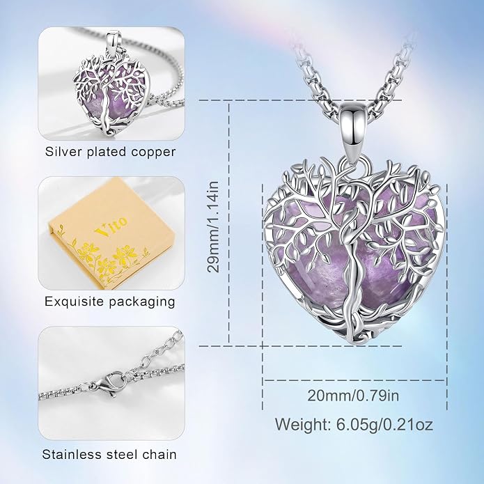 Vito Tree of Life Necklace for Women Men, Silver Plated Copper Teardrop Moonstone/Obsidian/Turquoise/Amethyst/Malachite Crystal Tree Necklace Protection Energy Amulet Jewelry Gift for Mom Wife, 20+2"