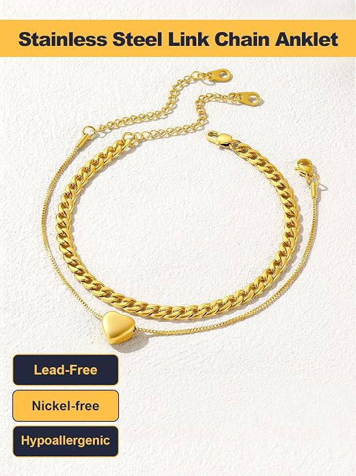 U7 2Pcs/3Pcs Ankle Bracelets for Women, Stainless Steel Cuban Link/Figaro/Rope/Heart Chain Anklets Sets,Waterproof Layered Anklets Adjustable 8.5"-10.5"
