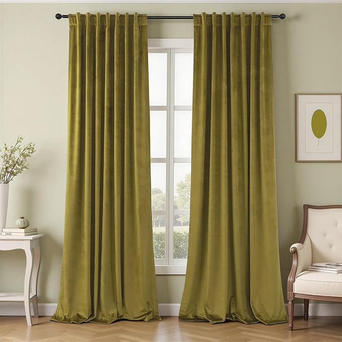 Yellow Green Velvet Curtains 96 Inches Long for Living Room Darkening Super Soft Luxury Quirky Eclectic Bold Thermal Insulated Blackout Chartreuse Velvet Drapes for Bedroom Dining Christmas 2 Panels