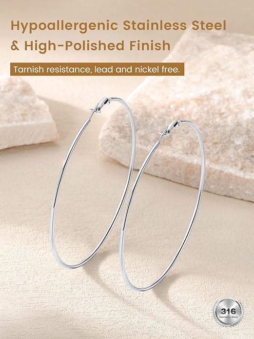 KeyStyle Gold Hoop Earrings for Women, Stainless Steel Hoops Earring Lightweight Loops, 2 mm Thick Hypoallergenic Circle Endless Thin Hoop (20/30/40/50/60/70/80/90/mm)