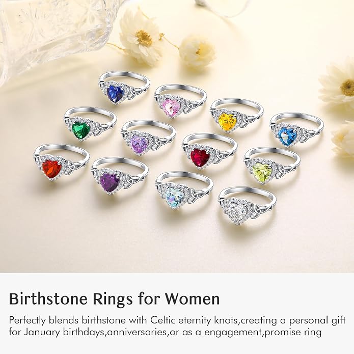 DAYBYDAY Celtic Birthstone Rings for Women 925 Sterling Silver Heart/Round/Pear/Oval Created Gemstone Moissanite Halo Engagement Promise Rings for Her Wife Birthday Anniversary Wedding Jewelry