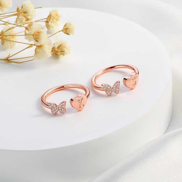 Initial Ring for Women Teens, Gold Plated Butterfly Heart Letter K Open Adjustable Ring, Dainty Alphabet Ring Jewelry Gift for Birthday