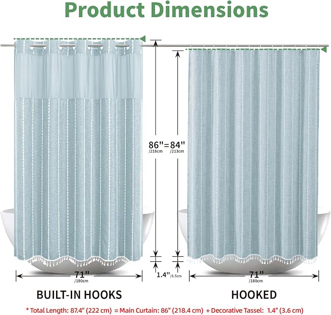 eachope No Hook Extra Long Shower Curtain Set with Snap-in Liner,Linen Textured Thick Striped Fabric with Tassels,Boho Chic Modern Farmhouse Bathroom Curtain,Water-Repellent,Fog Blue,71x86