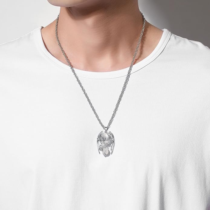 INFUSEU Unique Dragon Necklaces with Healing Crystal Stone for Men Women, Personalized Spiritual Gifts, 24 Inch Chain