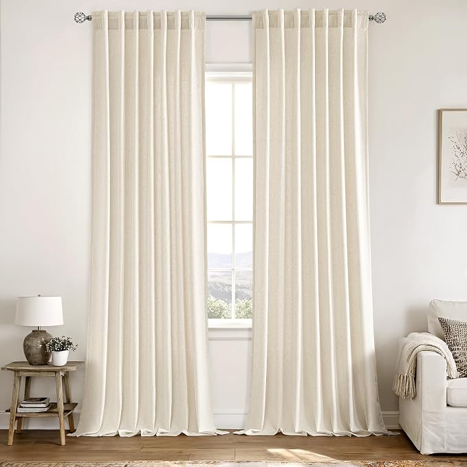 MIULEE Non-See-Through Privacy Linen Curtains 52W x 90L Inch Cream Ivory | 2 Panels, Light Filtering, Semi Sheer Window Curtains, Farmhouse Textured, Back Tab Drapes for Bedroom Living Room