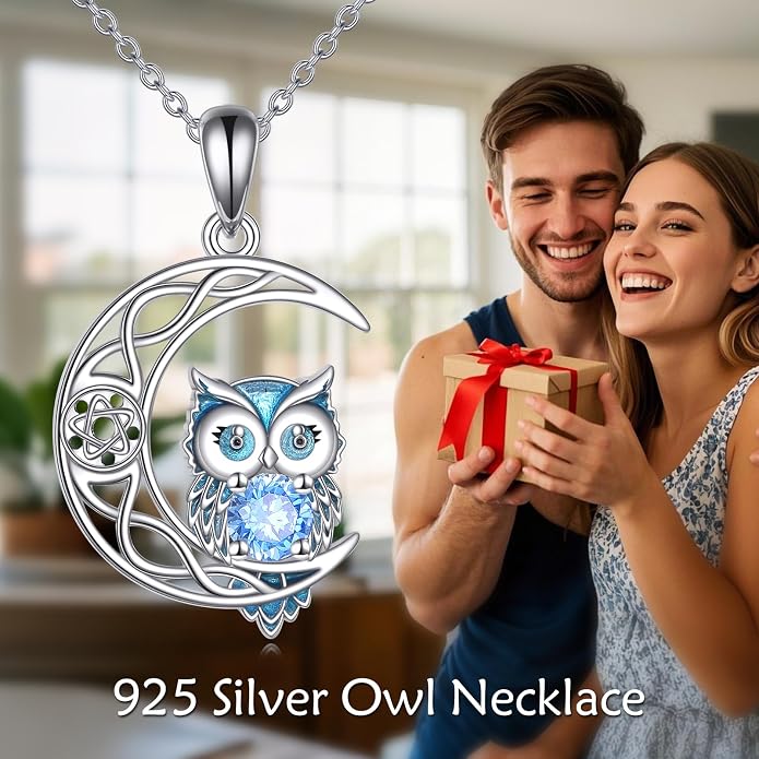 Owl Birthstone Necklace Sterling Silver Celtic Moon Pendant Cubic Zirconia Owls Jewelry Birthday Gifts for Women Men