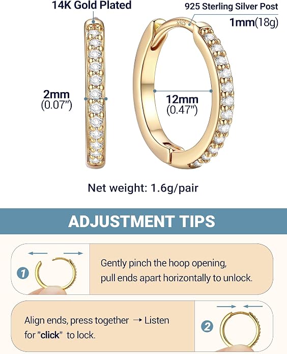 PROSTEEL Hoop Earrings for Women, Huggie Hoop with 925 Sterling Silver Post, 8/10/12/14/16/18/20mm Small Huggie Hoops, 14K Gold Plated/Silver/Black/Rose Gold Hypoallergenic Earrings Jewelry