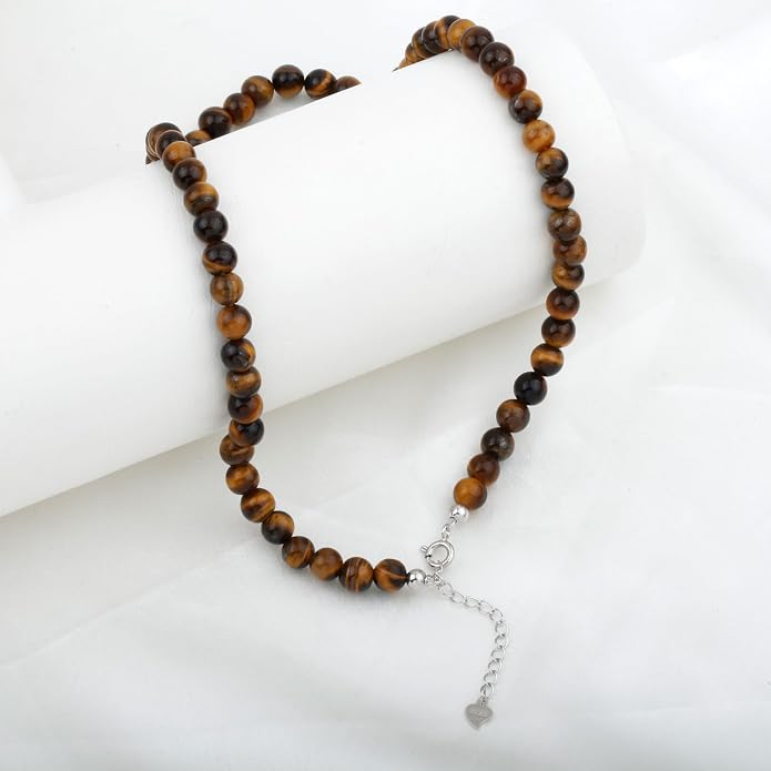 Kakikaki Natural Agate Choker Necklace Sterling Silver Round Beads Strand Necklace for Women