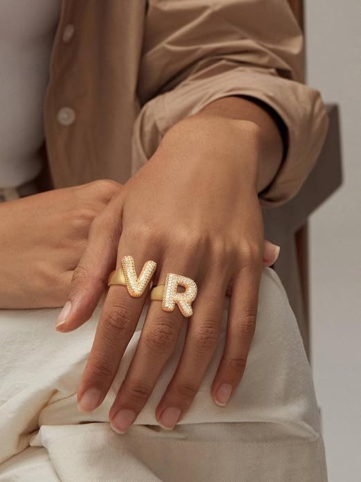 FindChic Initial Ring for Women, Gold Plated Chunky Letter Rings Open Adjustable Trendy Sparkling Cubic Zirconia Personalized Statement Rings Jewelry Gift