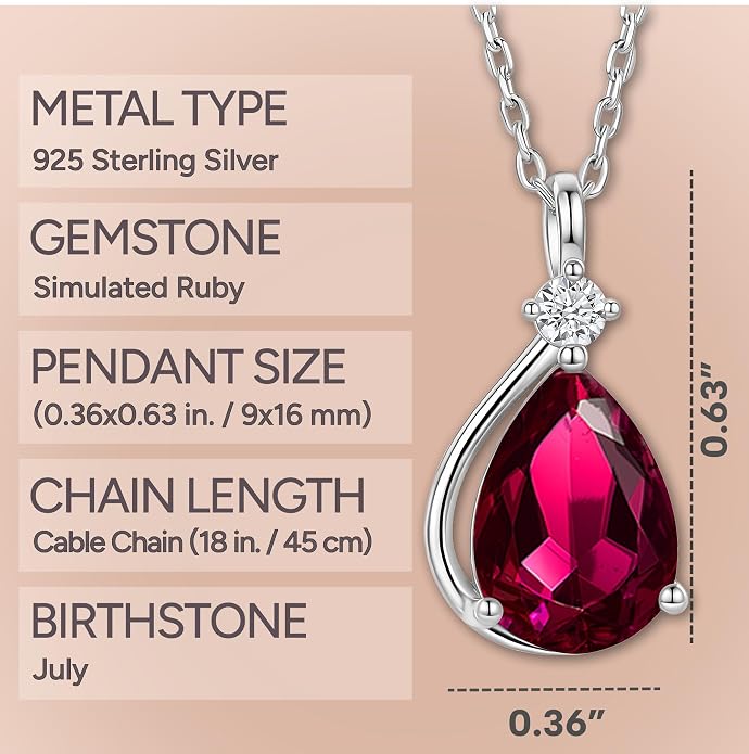 ADITA GOLD Birthstone Necklace for Women, 925 Sterling Silver Teardrop Pendant, Simulated Gemstone, Birthstone Jewelry