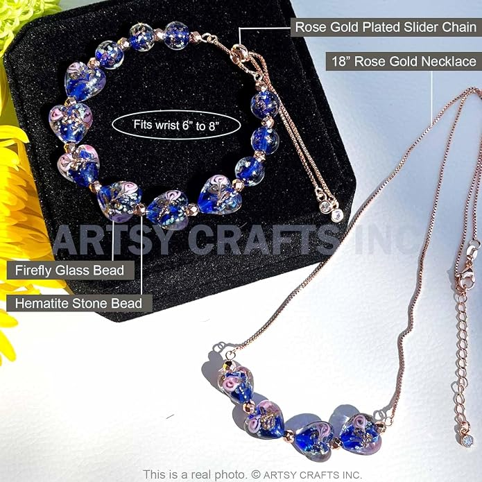 ARTSY Crafts Glow in the Dark Heart Shaped Glass Bead Bracelets & Necklaces, Handmade in USA