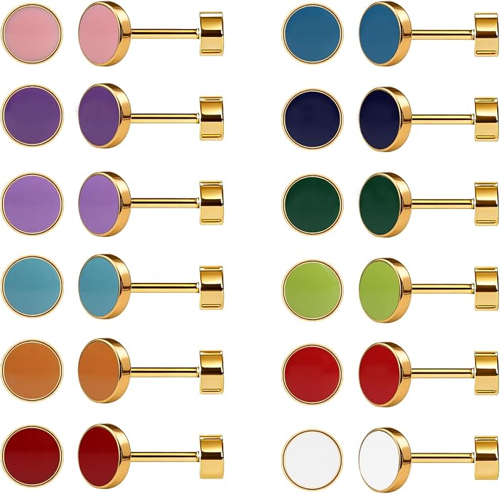 JMLOON 12 Pairs Enamel Flat Back Stud Earrings Surgical Stainless Steel Round Heart Star Square Hexagon Screw Back Stud Earrings