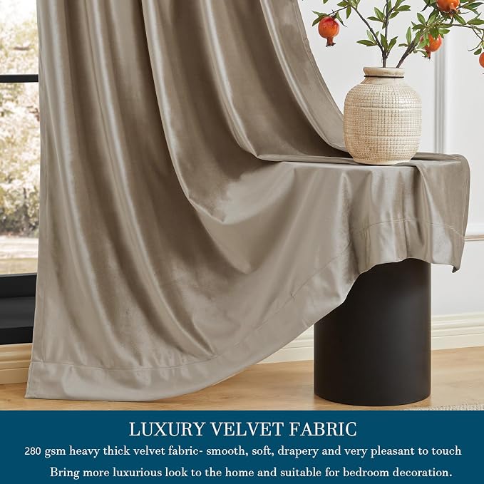 PRIMROSE Taupe Curtains 72 inch for Living Room,2 Panels Velvet Drapes Blackout Rod Pocket Back Tab Window Treatment Room Darkening Decorative Thick Curtains for Bedroom