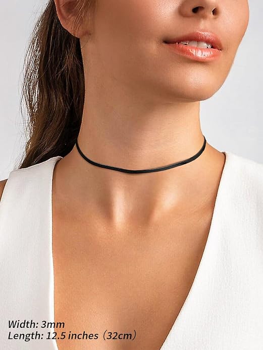 FindChic Black/14K Gold Plated Herringbone Choker Chain Necklace for Women | Waterproof Stainless Steel, Dainty Layering, Flat Snake Chain, Non-Tarnish, Hypoallergenic, Adjustable Extender, Gift Box