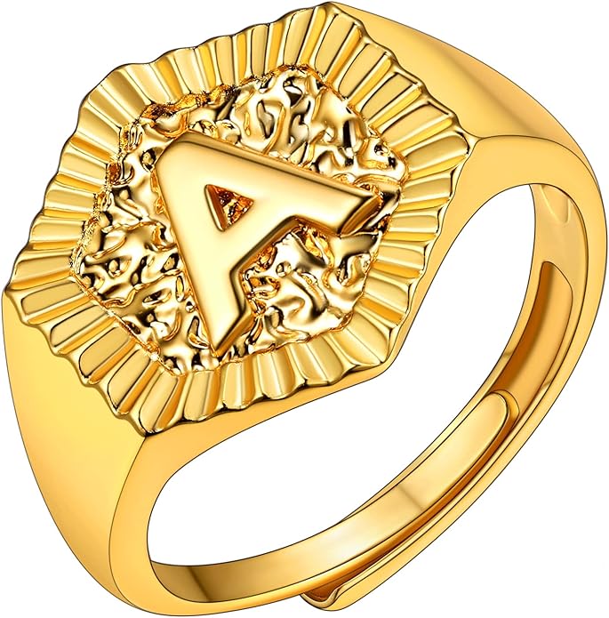 KeyStyle Bold Initial Letter Rings Adjustable, GoldChic Jewelry Women Gold Statement Ring Personalized Engraved Women’s Open Signet Ring for Party (Gold, White Gold, Black)