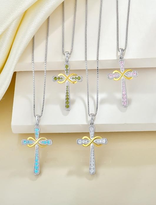 YL 925 Sterling Silver Cross Necklace for Women Halo Infinity Pendant Cubic Zirconia Jewelry for Mom