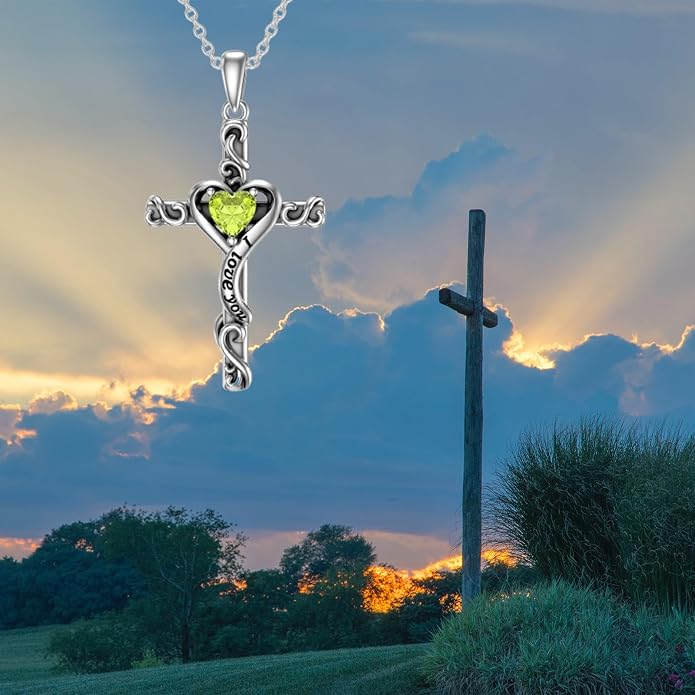 TOUPOP Cross Birthstone Necklace for Women 925 Sterling Silver Heart Cross Pendant I Love You Jewelry Anniversary Birthday Mothers Day Gifts for Mom Wife Her