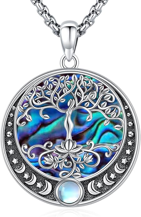 Sterling Silver Tree of Life Necklace for Women Oval Family Tree Necklace Abalone Shell Moonstone Pendant Mother Day Necklace for Mom Tree of Life Jewelry