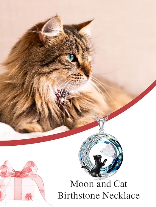 TOUPOP Cat Gifts for Cats Lovers 925 Sterling Silver Black Cat Necklace Celtic Moon Birthstone Jewelry for Women Anniversary Birthday Gift for Her Wife Mom